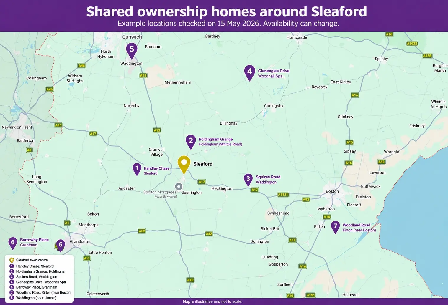 Map of shared ownership homes near Sleaford, Lincoln, Boston and Grantham